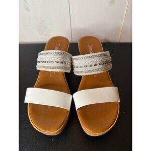Toscanella Womens White Rhinestone Wedge Slide Sandals Size 9.5